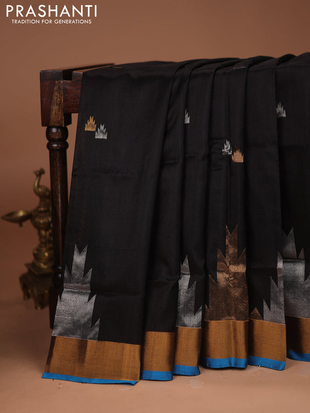Pure uppada silk saree black and cs blue with silver & gold temple zari woven buttas and temple design zari woven border