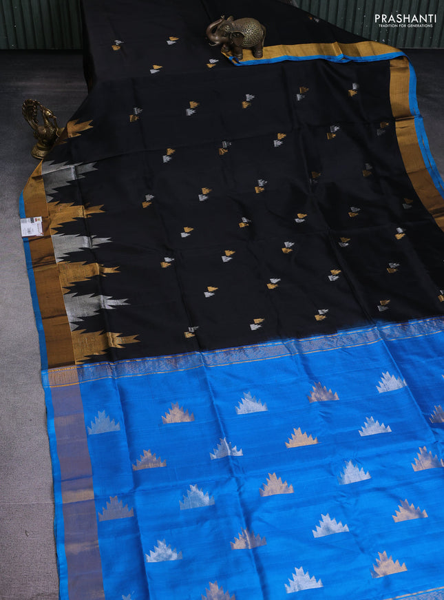 Pure uppada silk saree black and cs blue with silver & gold temple zari woven buttas and temple design zari woven border