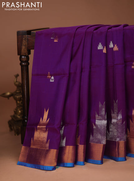 Pure uppada silk saree purple and cs blue with silver & gold temple zari woven buttas and temple design zari woven border