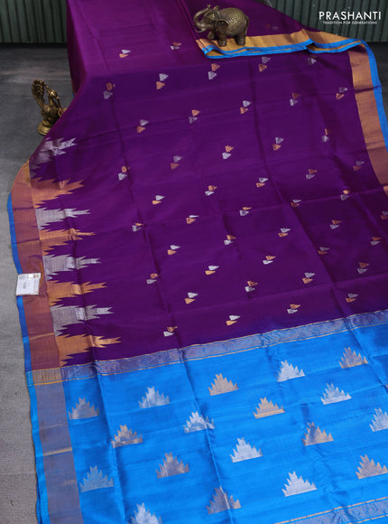 Pure uppada silk saree purple and cs blue with silver & gold temple zari woven buttas and temple design zari woven border