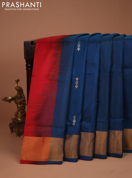 Pure uppada partly silk saree peacock blue and dual shade of orange with silver & gold temple zari woven buttas and temple design zari woven border
