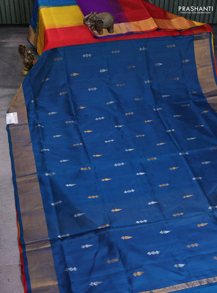 Pure uppada partly silk saree peacock blue and dual shade of orange with silver & gold temple zari woven buttas and temple design zari woven border