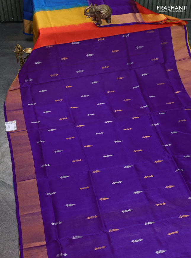 Pure uppada silk saree violet and multi colour with silver & gold zari woven buttas and zari woven border