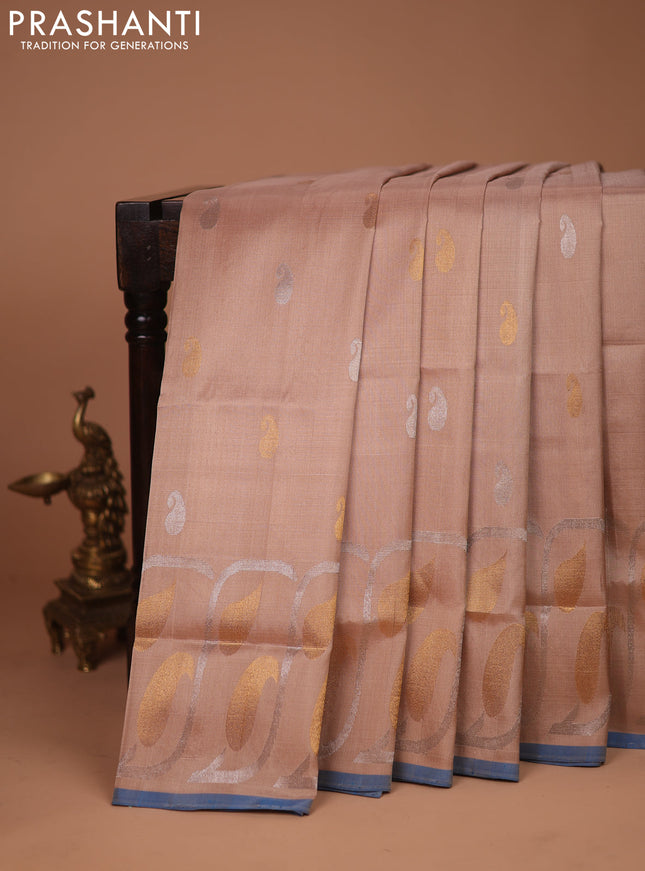 Pure uppada silk saree sandal and cs blue with silver & gold paisley zari woven buttas and rich zari woven border