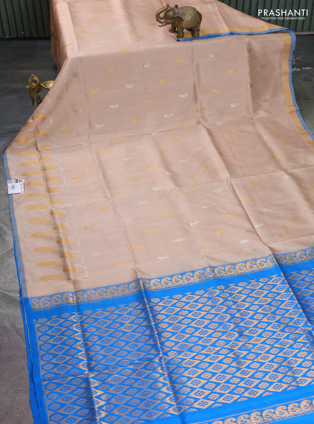 Pure uppada silk saree sandal and cs blue with silver & gold paisley zari woven buttas and rich zari woven border