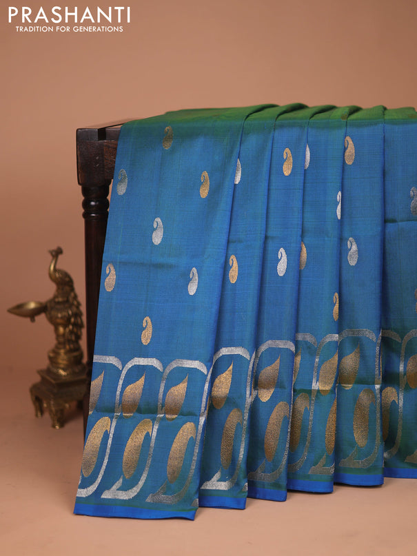 Pure uppada silk saree dual shade of cs blue with silver & gold paisley zari woven buttas and rich zari woven border