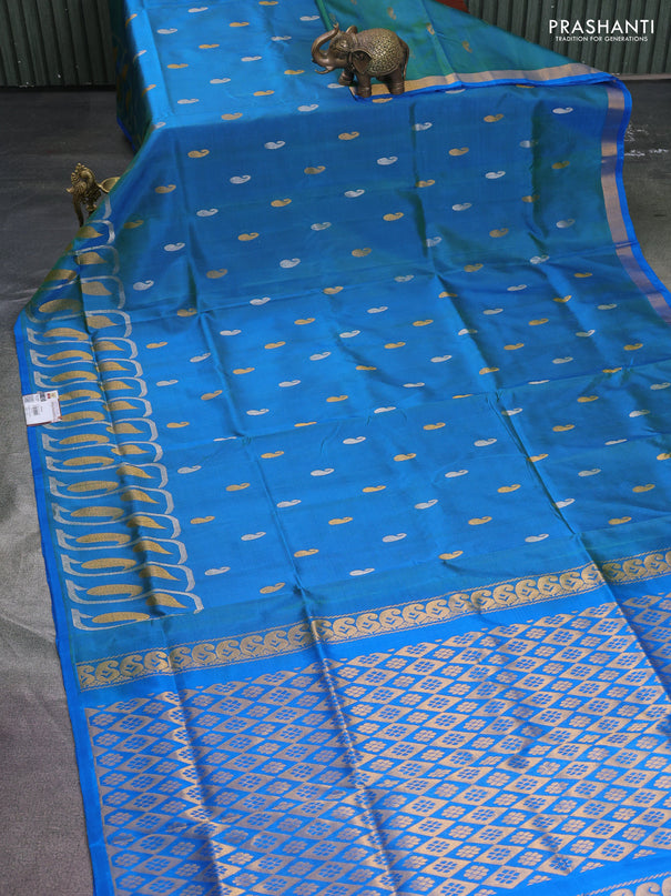 Pure uppada silk saree dual shade of cs blue with silver & gold paisley zari woven buttas and rich zari woven border