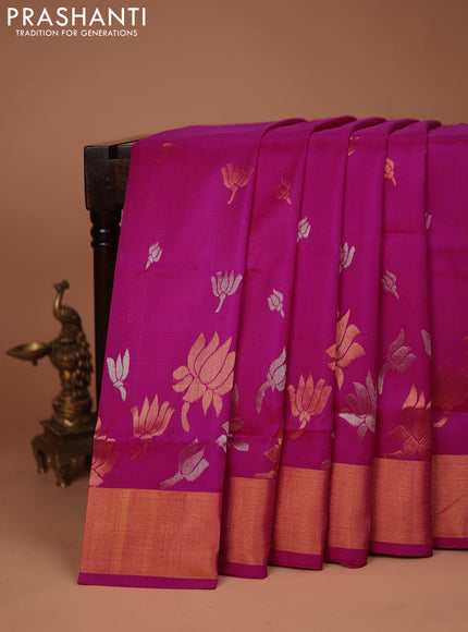 Pure uppada silk saree pink with silver & gold zari woven floral buttas and rich zari woven border