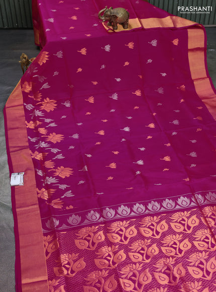 Pure uppada silk saree pink with silver & gold zari woven floral buttas and rich zari woven border