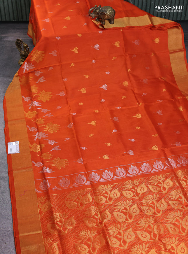 Pure uppada silk saree orange with silver & gold zari woven floral buttas and rich zari woven border