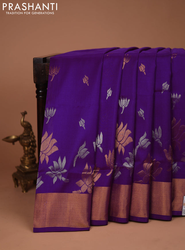 Pure uppada silk saree purple with silver & gold zari woven floral buttas and rich zari woven border