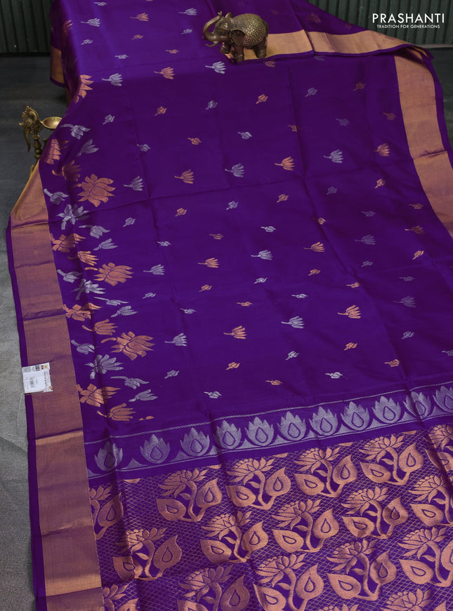 Pure uppada silk saree purple with silver & gold zari woven floral buttas and rich zari woven border