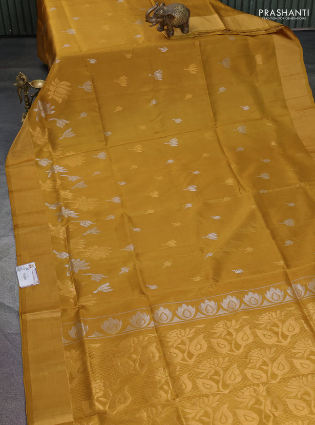 Pure uppada silk saree dark mustard with silver & gold zari woven floral buttas and rich zari woven border