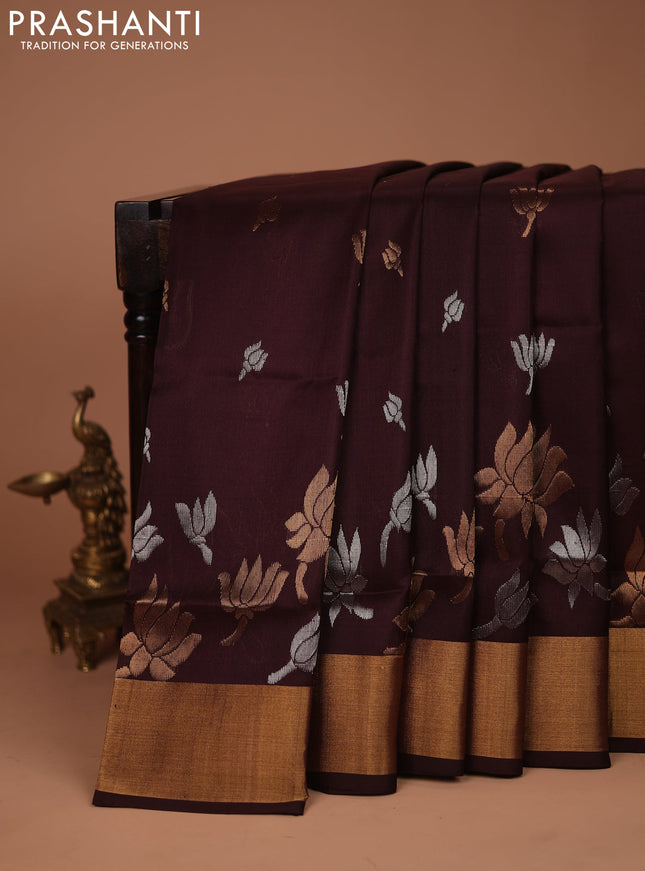 Pure uppada silk saree coffee brown with silver & gold zari woven floral buttas and rich zari woven border