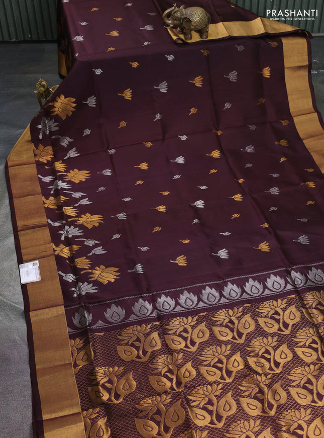 Pure uppada silk saree coffee brown with silver & gold zari woven floral buttas and rich zari woven border
