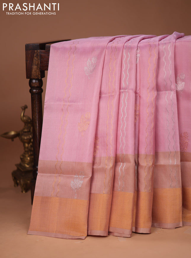 Pure uppada silk saree light pink and beige with allover silver & gold zari weaves and zari woven border
