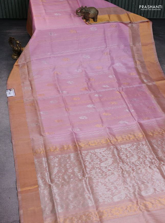 Pure uppada silk saree light pink and beige with allover silver & gold zari weaves and zari woven border
