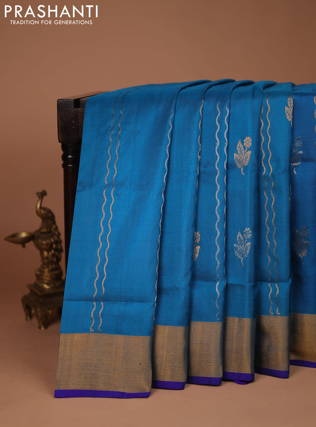 Pure uppada silk saree cs blue and blue with allover silver & gold zari weaves and zari woven border