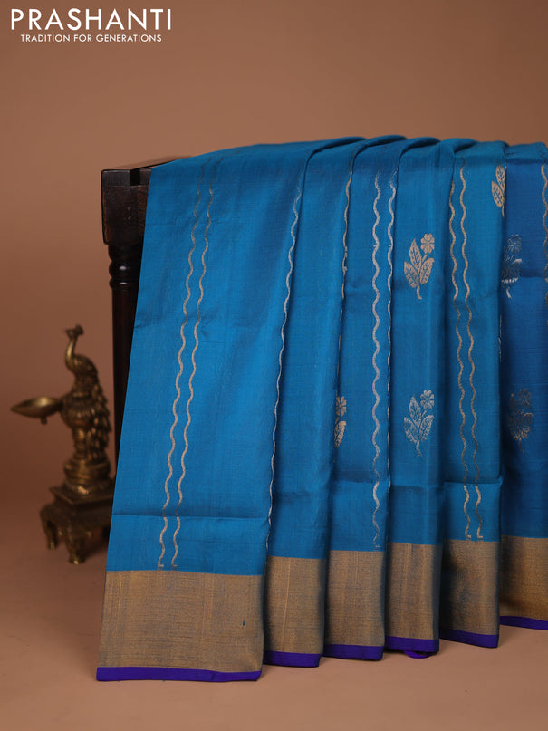 Pure uppada silk saree cs blue and blue with allover silver & gold zari weaves and zari woven border