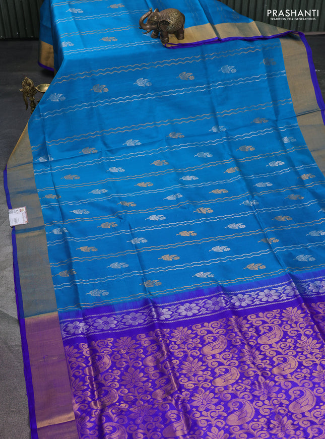 Pure uppada silk saree cs blue and blue with allover silver & gold zari weaves and zari woven border