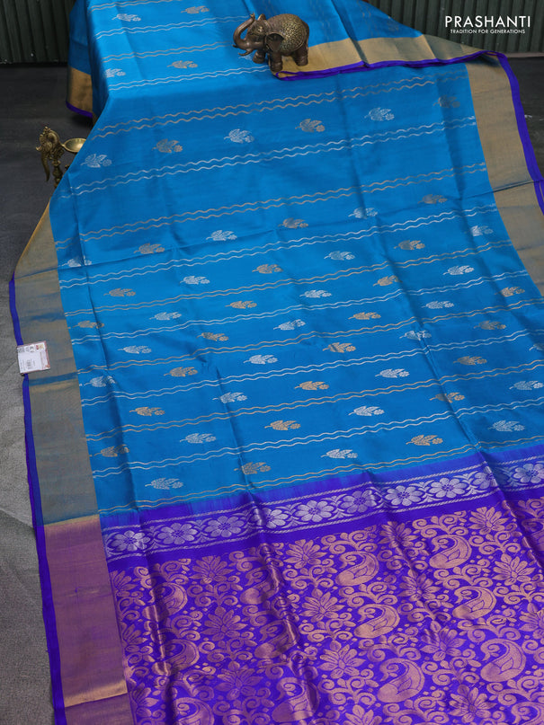 Pure uppada silk saree cs blue and blue with allover silver & gold zari weaves and zari woven border
