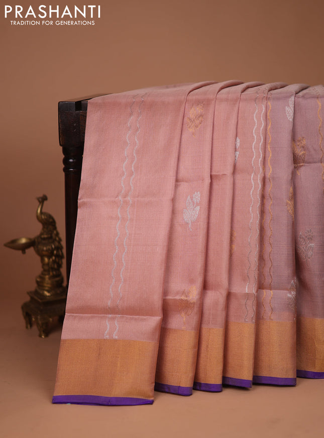 Pure uppada silk saree sandal and blue with allover silver & gold zari weaves and zari woven border