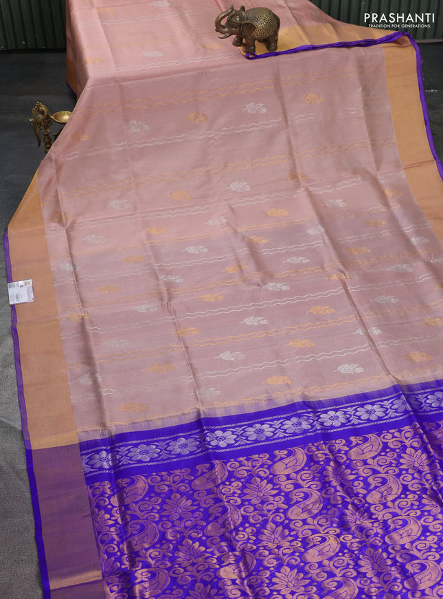 Pure uppada silk saree sandal and blue with allover silver & gold zari weaves and zari woven border