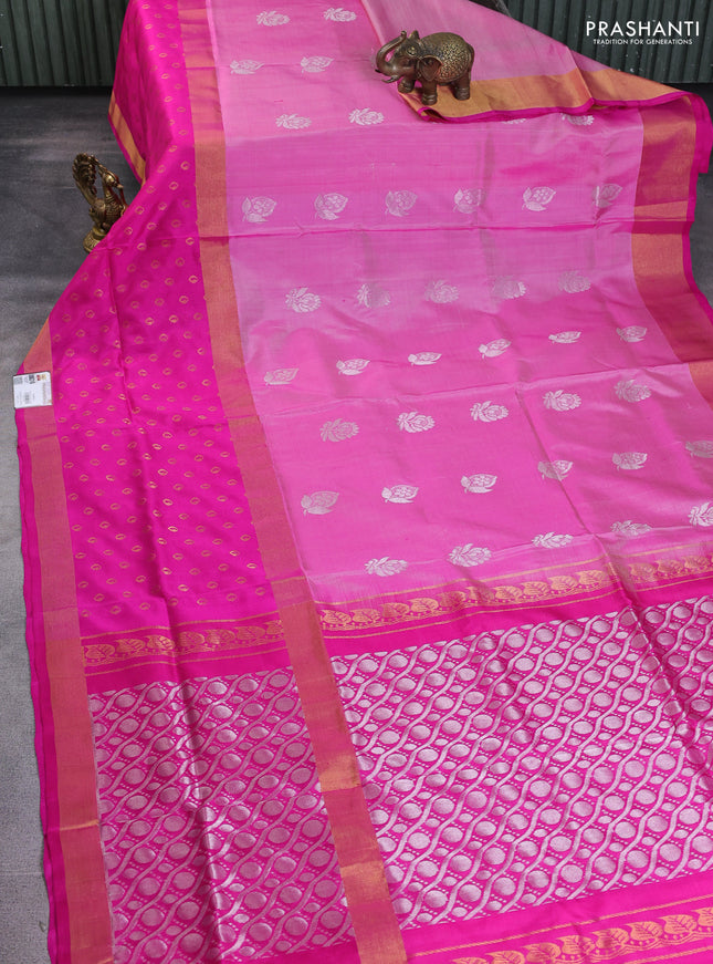 Pure uppada silk saree light pink with silver zari woven buttas and long zari woven butta border