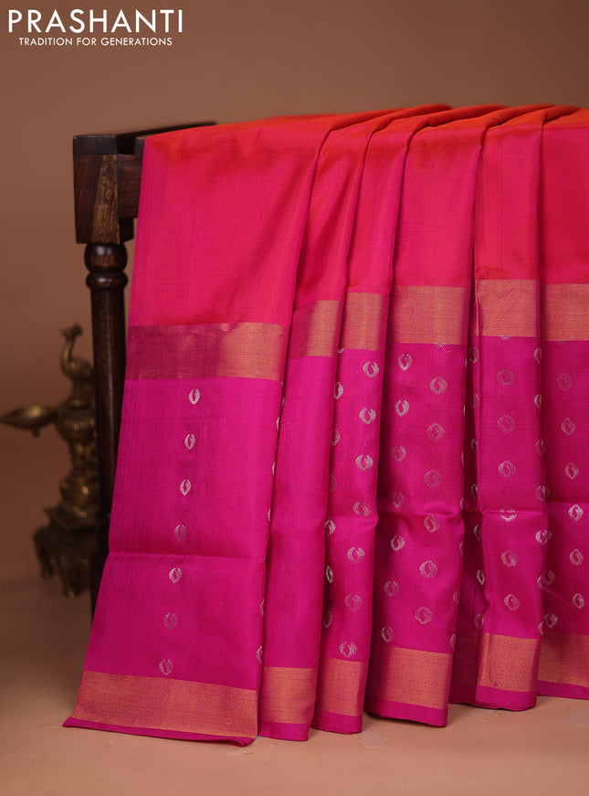 Pure uppada silk saree dual shade of pinkish orange and pink with silver zari woven buttas and long zari woven butta border