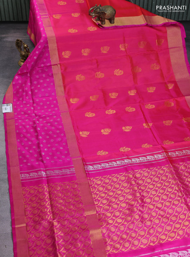 Pure uppada silk saree dual shade of pinkish orange and pink with silver zari woven buttas and long zari woven butta border