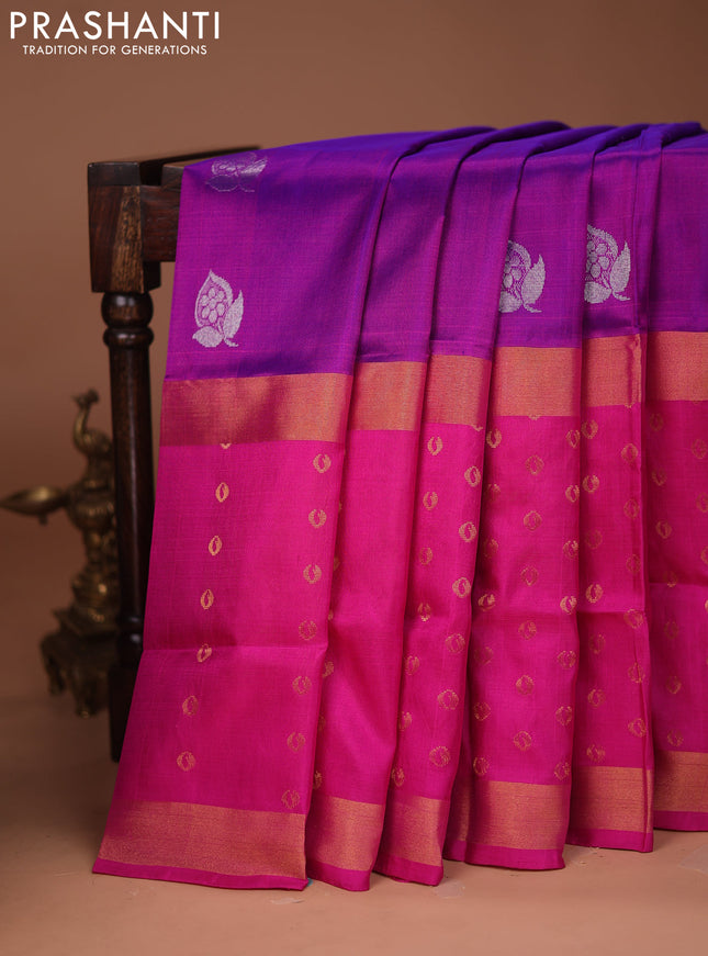 Pure uppada silk saree dual shade of purple and pink with silver zari woven buttas and long zari woven butta border