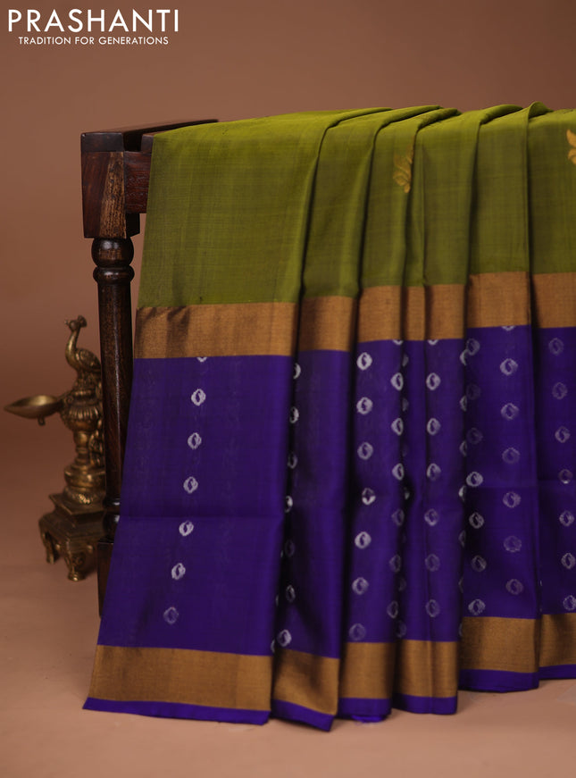 Pure uppada silk saree mehendi green and blue with zari woven buttas and long zari woven butta border