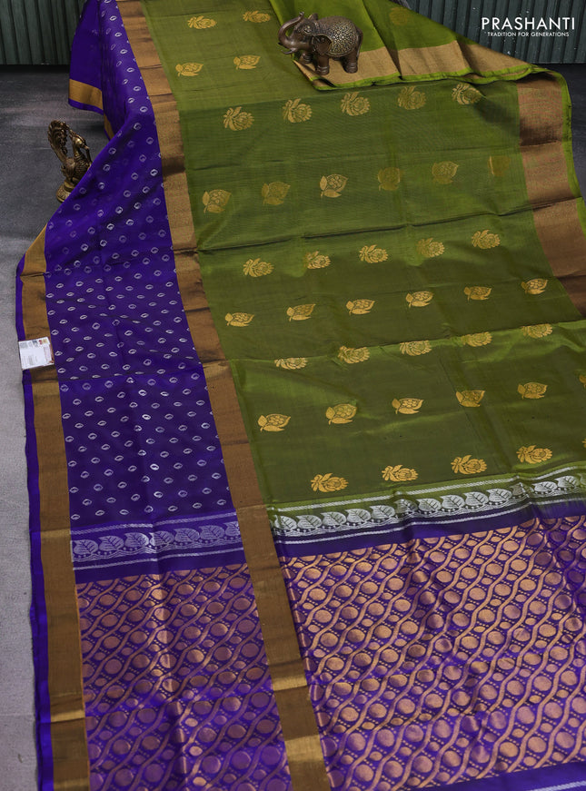 Pure uppada silk saree mehendi green and blue with zari woven buttas and long zari woven butta border
