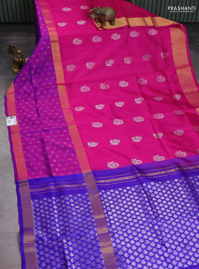 Pure uppada silk saree pink and blue with silver zari woven buttas and long zari woven butta border