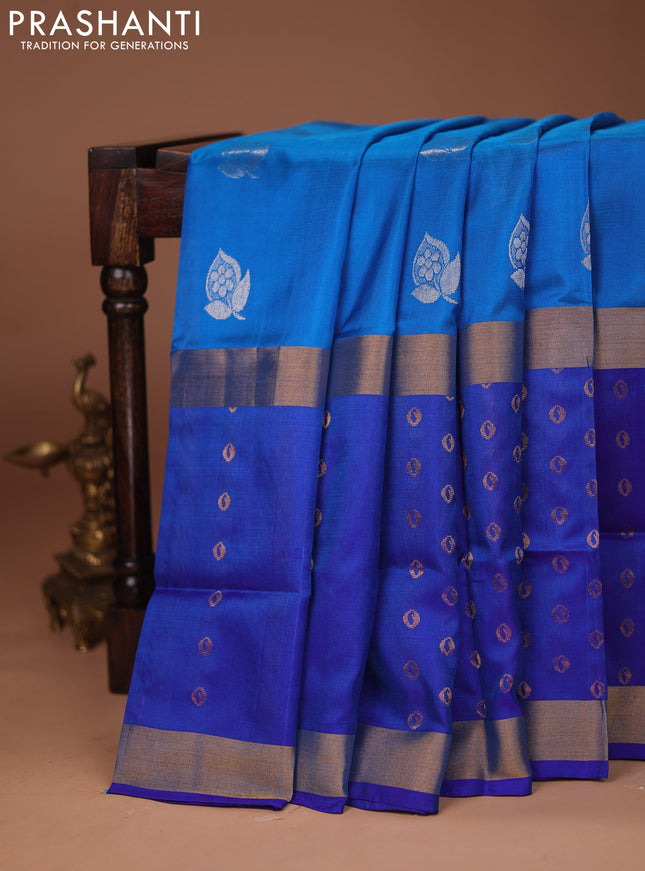 Pure uppada silk saree cs blue and royal blue with silver zari woven buttas and long zari woven butta border