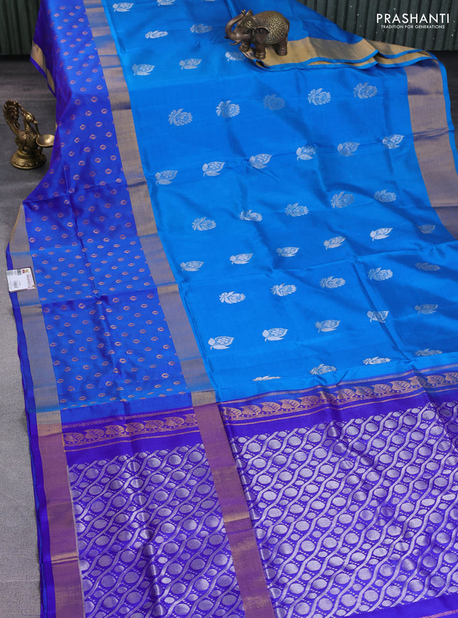 Pure uppada silk saree cs blue and royal blue with silver zari woven buttas and long zari woven butta border