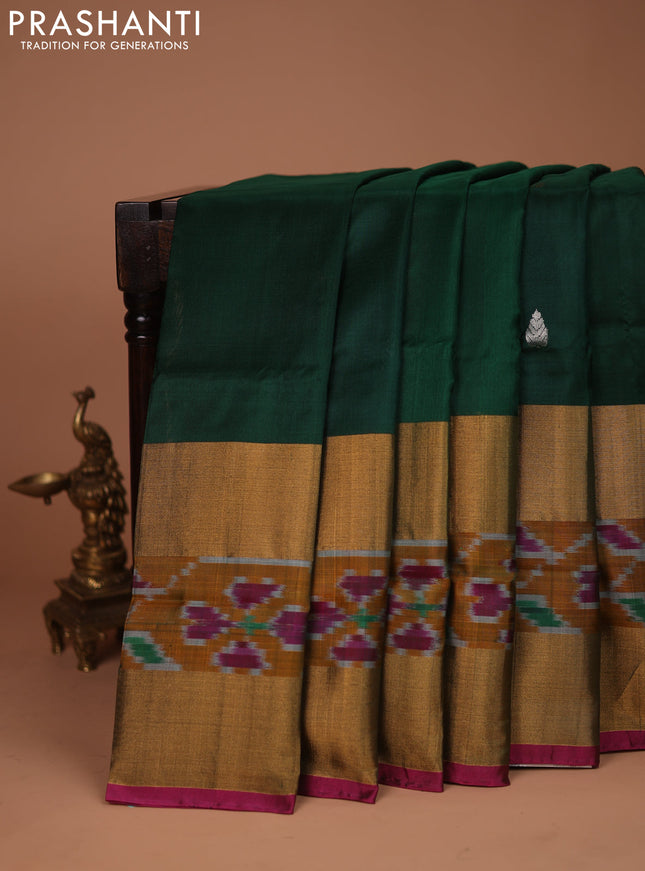Pure uppada silk saree green and magenta pink with silver & gold zari woven buttas and long ikat zari woven border