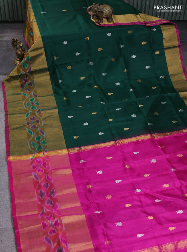 Pure uppada silk saree green and magenta pink with silver & gold zari woven buttas and long ikat zari woven border