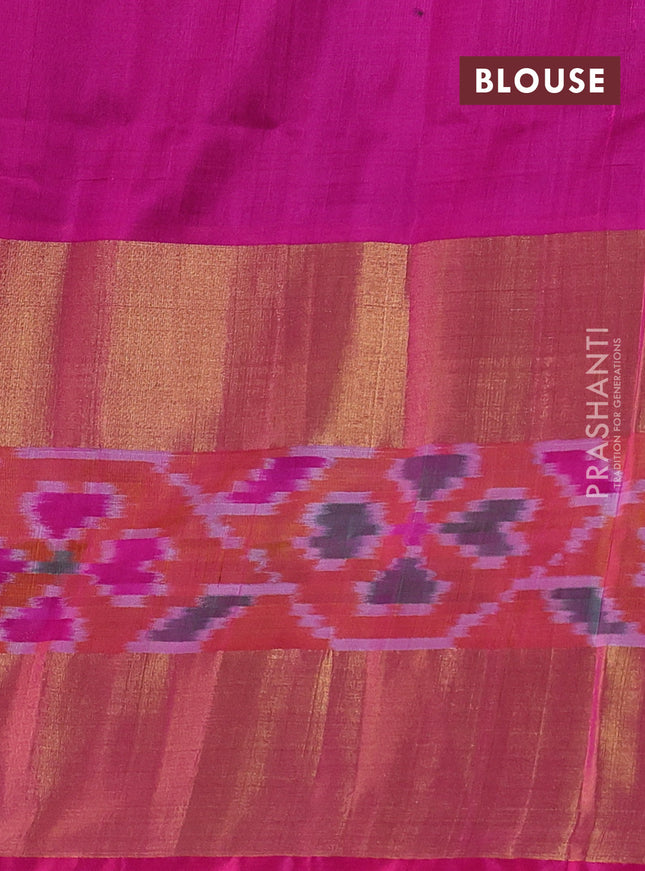 Pure uppada silk saree green and magenta pink with silver & gold zari woven buttas and long ikat zari woven border