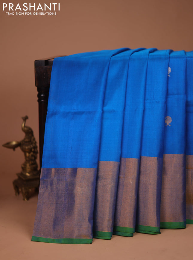 Pure uppada silk saree cs blue and dual shade of green with silver & gold zari woven buttas and zari woven border