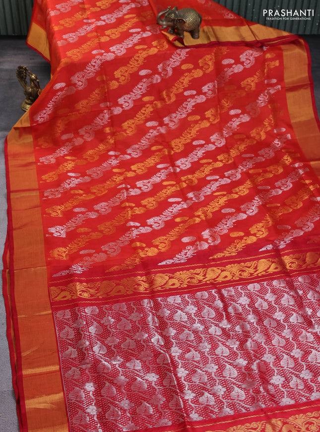 Pure uppada silk saree orange and red with allover silver & gold zari weaves and zari woven border