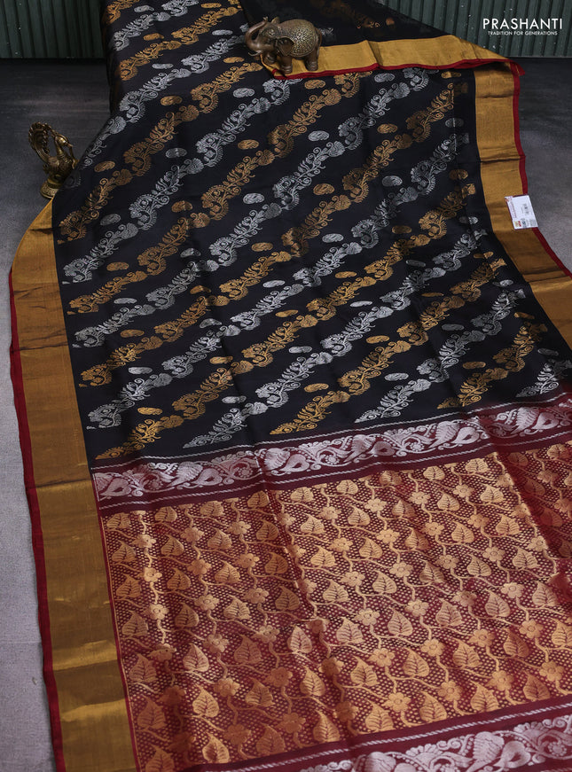 Pure uppada silk saree black and maroon with allover silver & gold zari weaves and zari woven border