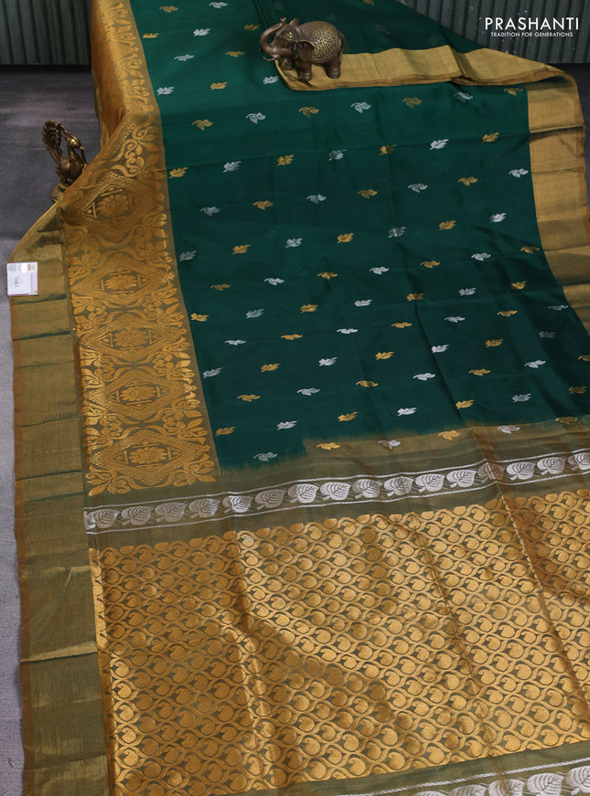 Pure uppada silk saree green and sap green with silver & gold zari woven buttas and long rich zari woven border