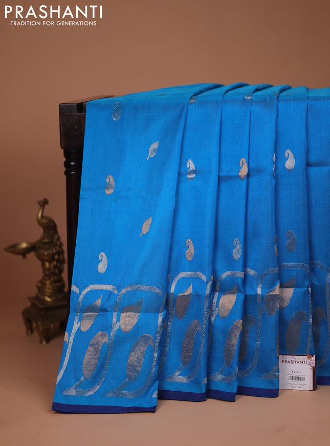 Pure uppada silk saree cs blue and navy blue with silver & gold zari woven buttas and long rich zari woven border