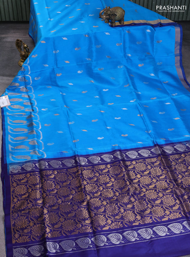 Pure uppada silk saree cs blue and navy blue with silver & gold zari woven buttas and long rich zari woven border