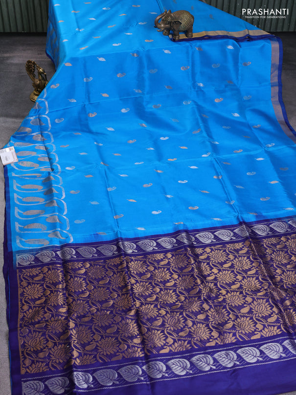 Pure uppada silk saree cs blue and navy blue with silver & gold zari woven buttas and long rich zari woven border