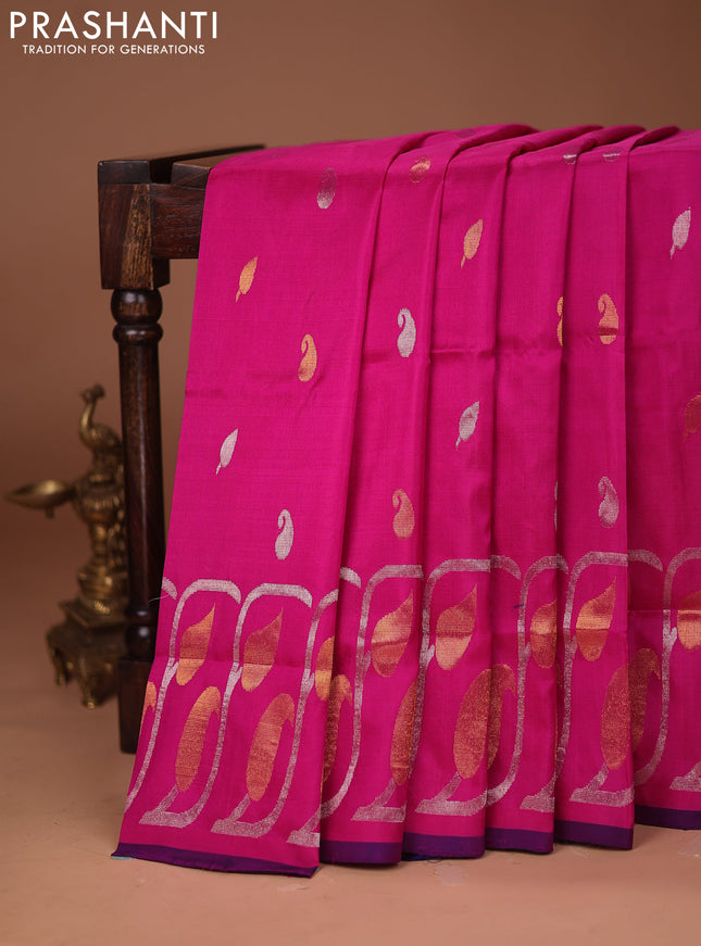 Pure uppada silk saree pink and blue with silver & gold zari woven buttas and long rich zari woven border
