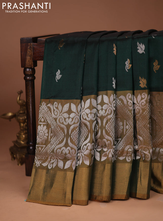Pure uppada silk saree bottle green and sap green with silver & gold zari woven buttas and long rich silver zari woven border