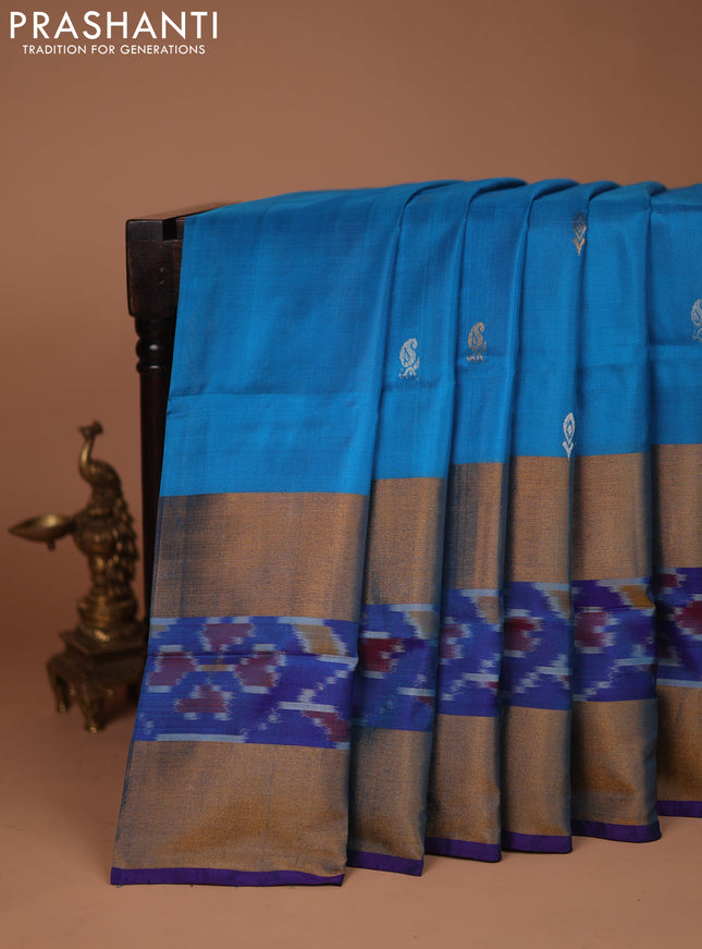 Pure uppada silk saree cs blue and blue with silver & gold zari woven buttas and long zari woven ikat style border
