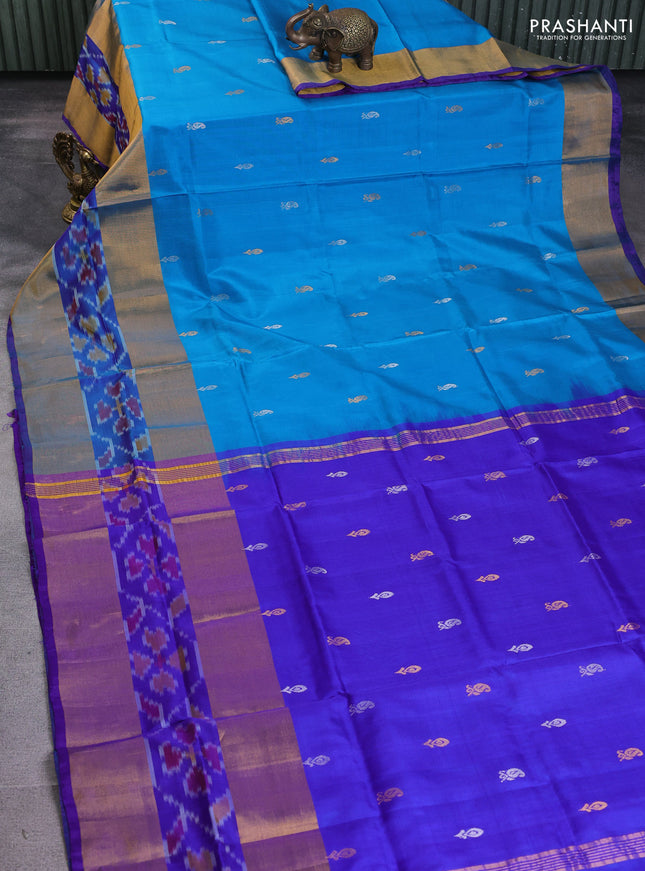 Pure uppada silk saree cs blue and blue with silver & gold zari woven buttas and long zari woven ikat style border